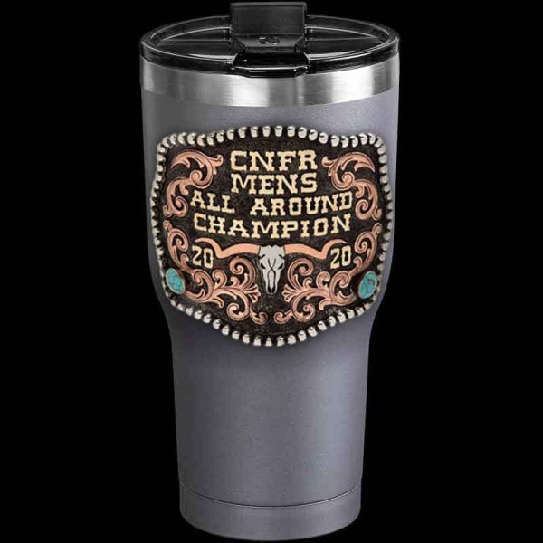 Create a unique Pygora Custom Tumbler by customizing it with your preferred figure, ranch brand, or logo. This Rtic 30 oz. thermo cup features a matted german silver decoration with copper scrollwork and large turquoise stones.